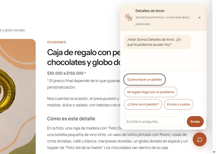 Asistente de Detalles de Amor con opciones para hacer un pedido, ver envíos y seguir un pedido