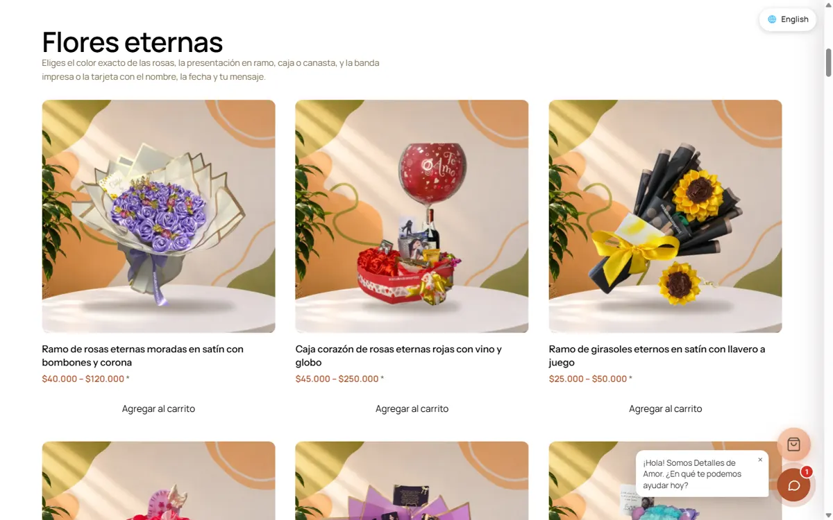 Catálogo de flores eternas de Detalles de Amor con fotos, precios y botón de agregar al carrito