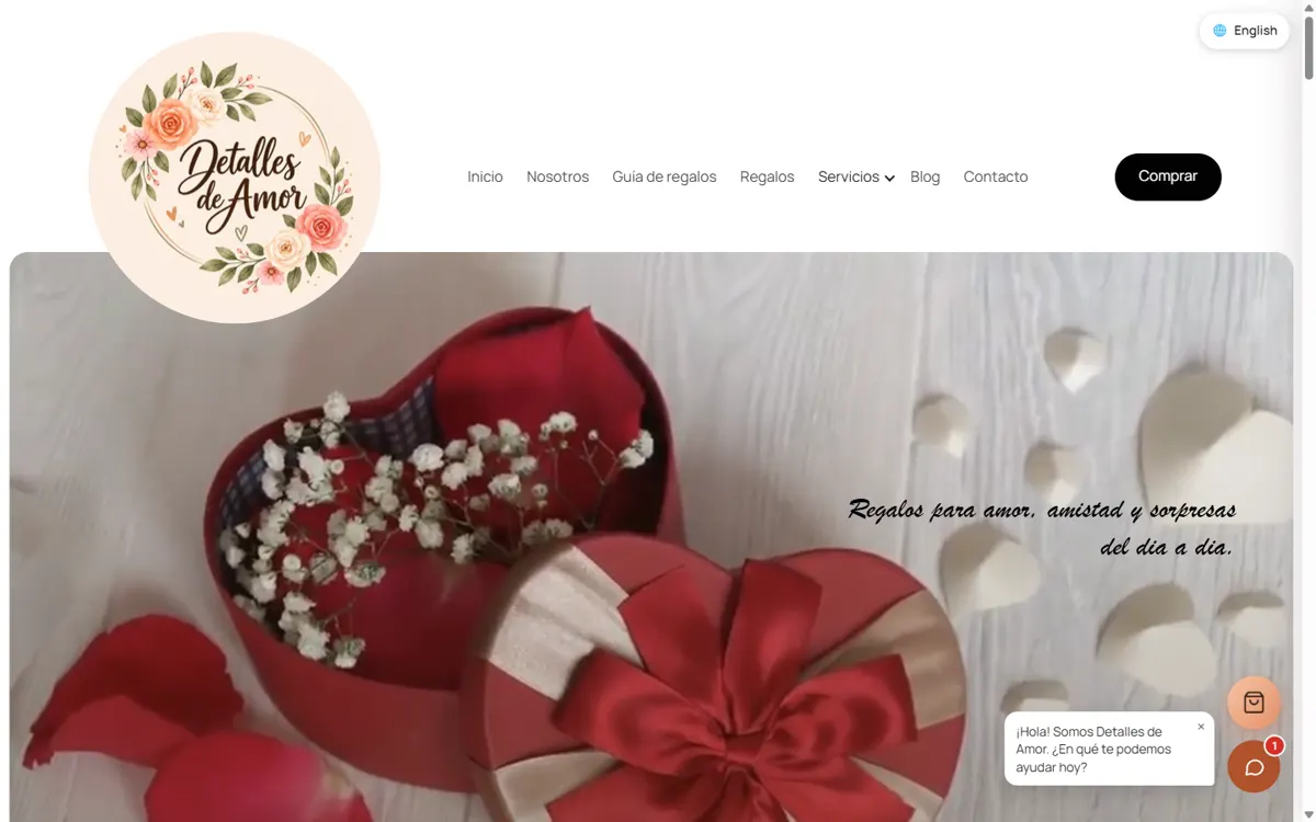 Página de inicio de Detalles de Amor con su logo y una caja de regalo con rosas