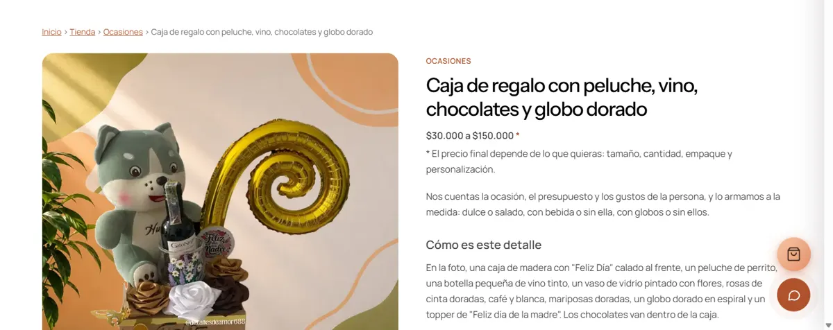 Página de producto de una caja de regalo con peluche, vino, chocolates y globo dorado